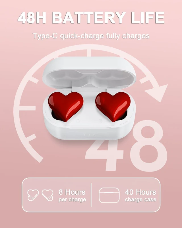 Alt view image 3 of 7 - Heart Wireless Earbuds for Girls, Cute Stylish HiFi Stereo Bluetooth Headphones with Noise Cancelling Mic, IP7 Waterproof 48H True Wireless Heart Ear Buds, Red Wireless headphones Gifts for Women