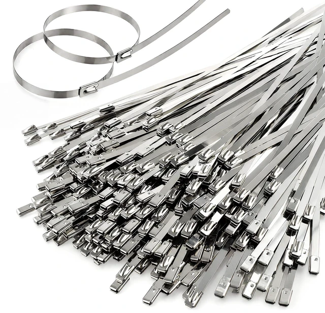 Main image of 300Pcs 12IN Metal Zip Ties, 304 Stainless Steel Cable Ties 198lbs Tensile Strength, Self-locking Cable Ties for Exhaust Wrap