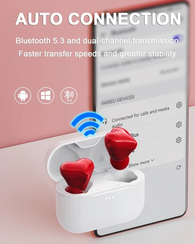 Alt view image 4 of 7 - Heart Wireless Earbuds for Girls, Cute Stylish HiFi Stereo Bluetooth Headphones with Noise Cancelling Mic, IP7 Waterproof 48H True Wireless Heart Ear Buds, Red Wireless headphones Gifts for Women