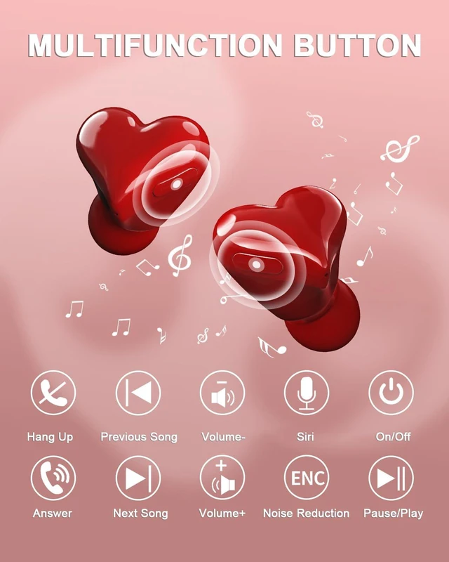 Alt view image 5 of 7 - Heart Wireless Earbuds for Girls, Cute Stylish HiFi Stereo Bluetooth Headphones with Noise Cancelling Mic, IP7 Waterproof 48H True Wireless Heart Ear Buds, Red Wireless headphones Gifts for Women