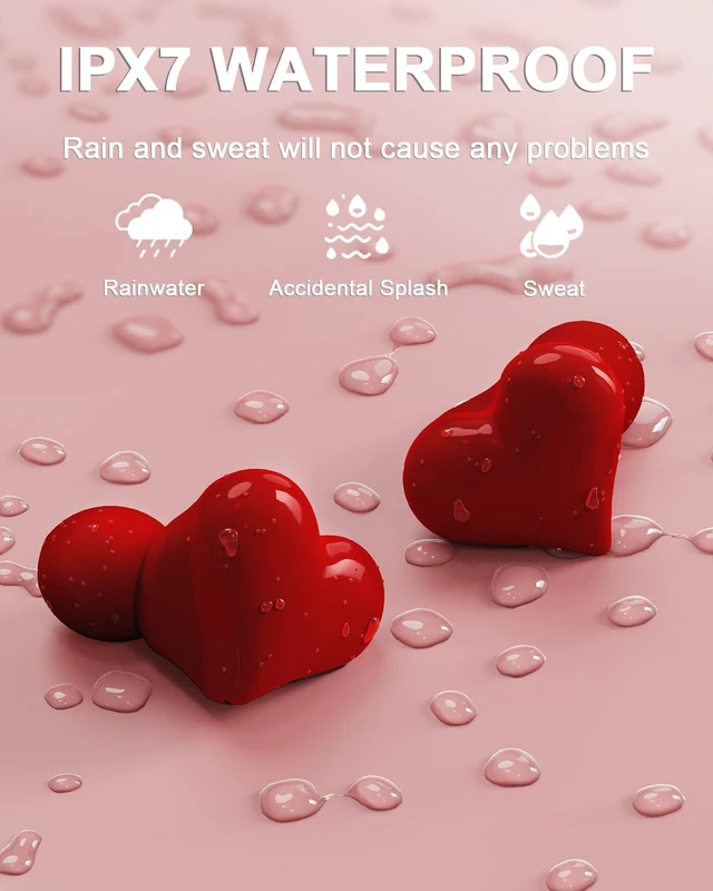 Alt view image 7 of 7 - Heart Wireless Earbuds for Girls, Cute Stylish HiFi Stereo Bluetooth Headphones with Noise Cancelling Mic, IP7 Waterproof 48H True Wireless Heart Ear Buds, Red Wireless headphones Gifts for Women