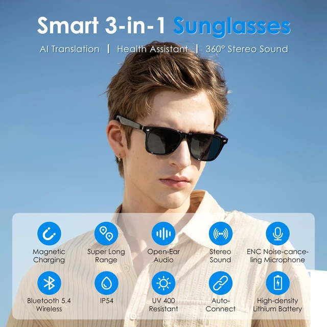 Alt view image 2 of 7 - AI Glasses, Smart Glasses Powered by ChatGPT, Real-Time AI Translation Polarized lens, AI translation in 145 languages, Handsfree calls, Immersive audio, Holds AI conversations, 11H Playtime