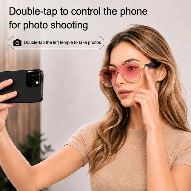 Alt view image 5 of 7 - Smart Glasses for Women, Open-Ear Bluetooth Sunglasses, Touch Control Pink UV lenses, temple sensors for auto-on when worn, 6H battery for commuting, travel, vacations and everyday outdoor use