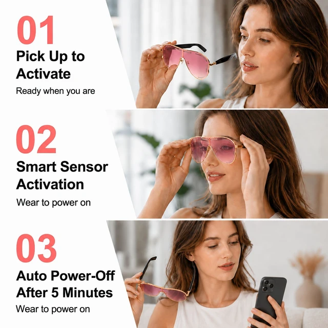 Alt view image 6 of 7 - Smart Glasses for Women, Open-Ear Bluetooth Sunglasses, Touch Control Pink UV lenses, temple sensors for auto-on when worn, 6H battery for commuting, travel, vacations and everyday outdoor use