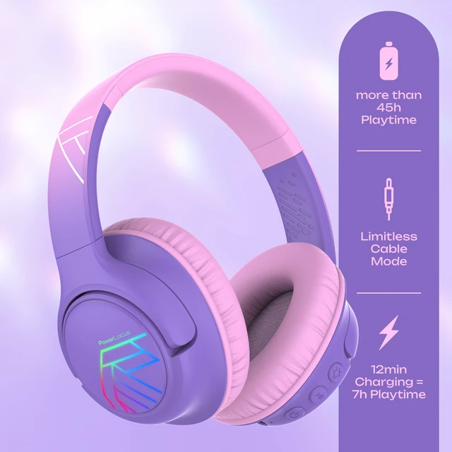 Alt view image 2 of 7 - Kids Headphones Wireless, 74/85/94dB Volume Limit, 45H Playtime LED Lights, Bluetooth Kids Headphones Over Ear, Foldable with Microphone, Sharing Function for iPad/Travel/Tablet/PC