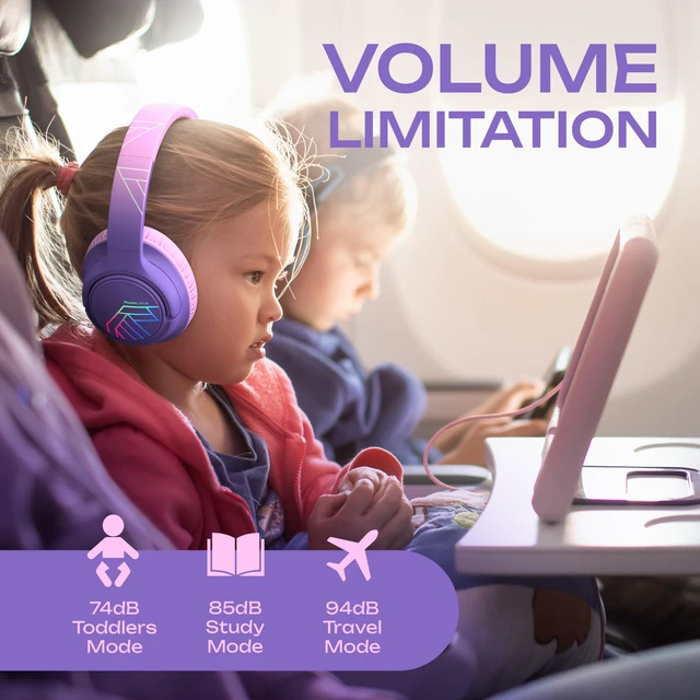 Alt view image 4 of 7 - Kids Headphones Wireless, 74/85/94dB Volume Limit, 45H Playtime LED Lights, Bluetooth Kids Headphones Over Ear, Foldable with Microphone, Sharing Function for iPad/Travel/Tablet/PC