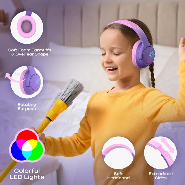 Alt view image 5 of 7 - Kids Headphones Wireless, 74/85/94dB Volume Limit, 45H Playtime LED Lights, Bluetooth Kids Headphones Over Ear, Foldable with Microphone, Sharing Function for iPad/Travel/Tablet/PC
