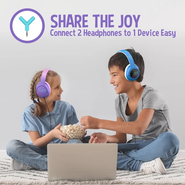 Alt view image 6 of 7 - Kids Headphones Wireless, 74/85/94dB Volume Limit, 45H Playtime LED Lights, Bluetooth Kids Headphones Over Ear, Foldable with Microphone, Sharing Function for iPad/Travel/Tablet/PC