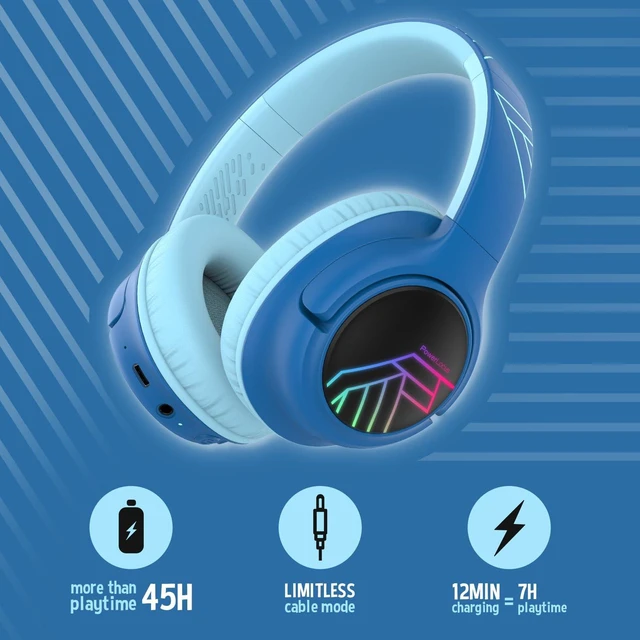 Alt view image 2 of 7 - Kids Headphones Wireless, 74/85/94dB Volume Limit, 45H Playtime LED Lights, Bluetooth Kids Headphones Over Ear, Foldable with Microphone, Sharing Function for iPad/Travel/Tablet/PC