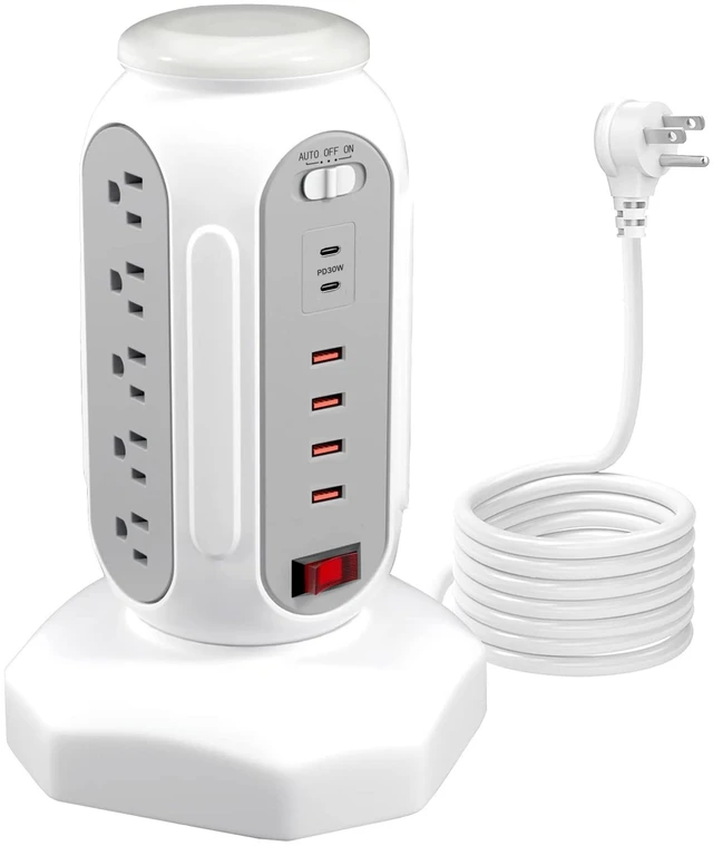 Main image of Power Strip Tower 15 Outlets 6 USB Ports, Surge Protector with Colorful Led-Light & PD 30W USB-C Fast Charger, Desktop Charging Station with 6.5ft Heavy Duty (White)