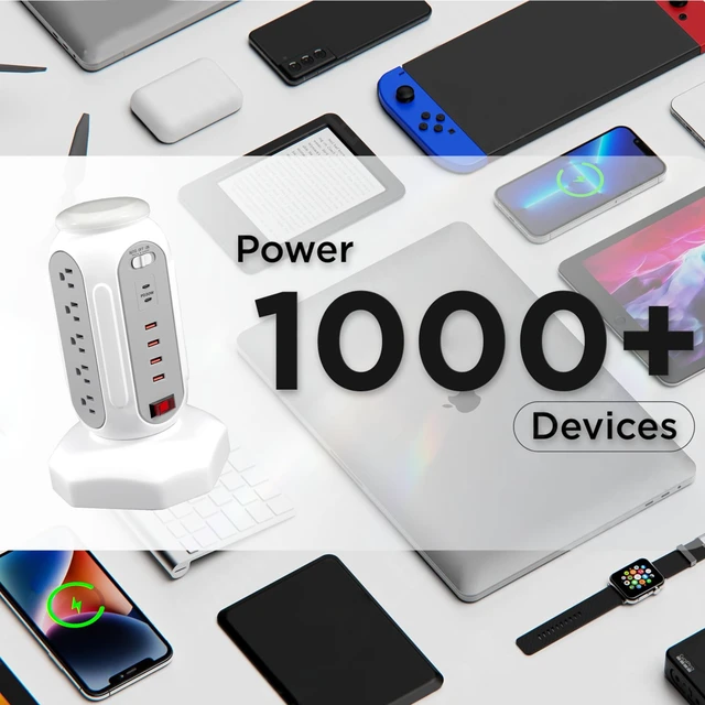 Alt view image 3 of 7 - Power Strip Tower 15 Outlets 6 USB Ports, Surge Protector with Colorful Led-Light & PD 30W USB-C Fast Charger, Desktop Charging Station with 6.5ft Heavy Duty (White)