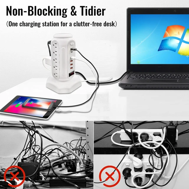 Alt view image 4 of 7 - Power Strip Tower 15 Outlets 6 USB Ports, Surge Protector with Colorful Led-Light & PD 30W USB-C Fast Charger, Desktop Charging Station with 6.5ft Heavy Duty (White)