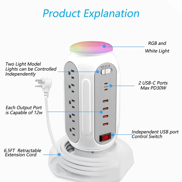 Alt view image 5 of 7 - Power Strip Tower 15 Outlets 6 USB Ports, Surge Protector with Colorful Led-Light & PD 30W USB-C Fast Charger, Desktop Charging Station with 6.5ft Heavy Duty (White)