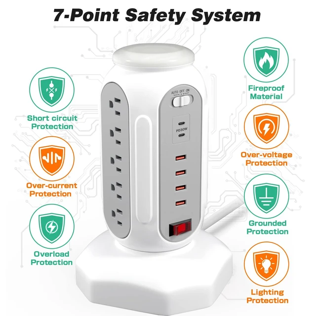 Alt view image 2 of 7 - Power Strip Tower 15 Outlets 6 USB Ports, Surge Protector with Colorful Led-Light & PD 30W USB-C Fast Charger, Desktop Charging Station with 6.5ft Heavy Duty (White)