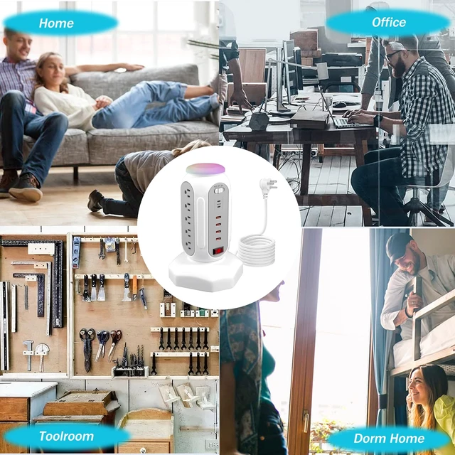 Alt view image 7 of 7 - Power Strip Tower 15 Outlets 6 USB Ports, Surge Protector with Colorful Led-Light & PD 30W USB-C Fast Charger, Desktop Charging Station with 6.5ft Heavy Duty (White)