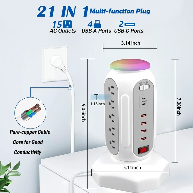 Alt view image 6 of 7 - Power Strip Tower 15 Outlets 6 USB Ports, Surge Protector with Colorful Led-Light & PD 30W USB-C Fast Charger, Desktop Charging Station with 6.5ft Heavy Duty (White)