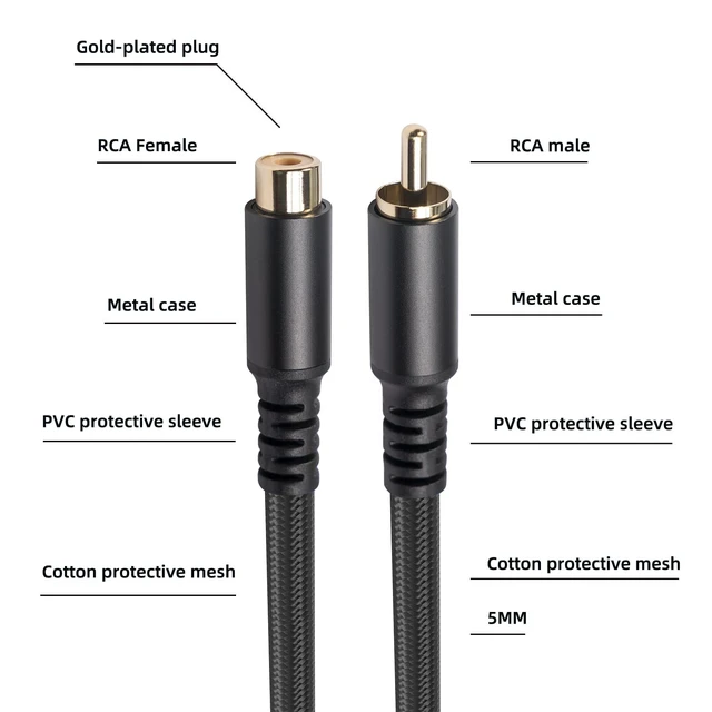 Alt view image 5 of 7 - RCA Extension Audio Cable Male to Famale, RCA Stereo Audio Cable Hi-Fi Sound Gold Plated Copper Shell Nylon-Braided (20 Feet)
