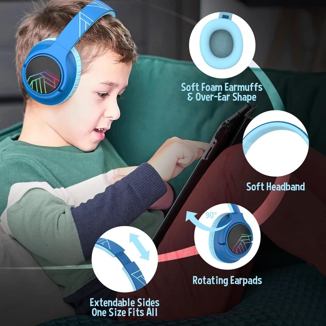 Alt view image 5 of 7 - Kids Headphones Wireless, 74/85/94dB Volume Limit, 45H Playtime LED Lights, Bluetooth Kids Headphones Over Ear, Foldable with Microphone, Sharing Function for iPad/Travel/Tablet/PC