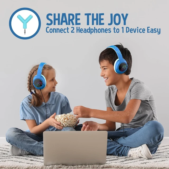 Alt view image 6 of 7 - Kids Headphones Wireless, 74/85/94dB Volume Limit, 45H Playtime LED Lights, Bluetooth Kids Headphones Over Ear, Foldable with Microphone, Sharing Function for iPad/Travel/Tablet/PC
