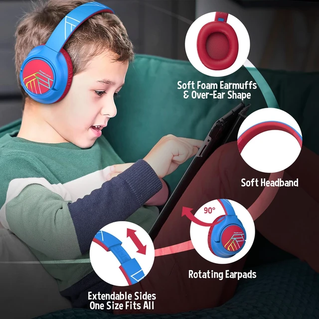 Alt view image 5 of 7 - Kids Headphones Wireless, 74/85/94dB Volume Limit, 45H Playtime LED Lights, Bluetooth Kids Headphones Over Ear, Foldable with Microphone, Sharing Function for iPad/Travel/Tablet/PC