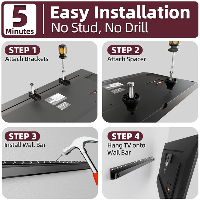 Alt view image 5 of 7 - No Stud TV Wall Mount for Drywall 32-75 Inch, No Drill TV Bracket, Up 150lb Studless TVs Hanger Tilts 5° with Max Vesa 600x400, Low Profile, Tool-Free No Damage Easy Install for Home, Renter