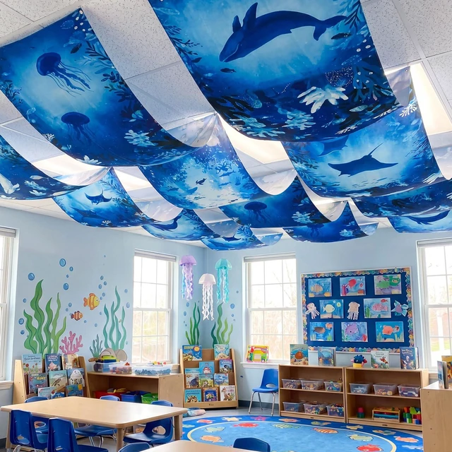 Main image of 3 Pcs Ocean World Ceiling Decorations, 2 x 12 Ft Underwater Theme Hanging Fabric, Sea Creature Party Supplies for Birthday Baby Shower Classroom Photo Backdrop & Event Decor