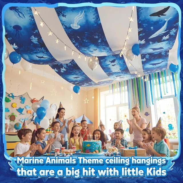 Alt view image 4 of 6 - 3 Pcs Ocean World Ceiling Decorations, 2 x 12 Ft Underwater Theme Hanging Fabric, Sea Creature Party Supplies for Birthday Baby Shower Classroom Photo Backdrop & Event Decor