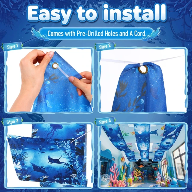 Alt view image 3 of 6 - 3 Pcs Ocean World Ceiling Decorations, 2 x 12 Ft Underwater Theme Hanging Fabric, Sea Creature Party Supplies for Birthday Baby Shower Classroom Photo Backdrop & Event Decor