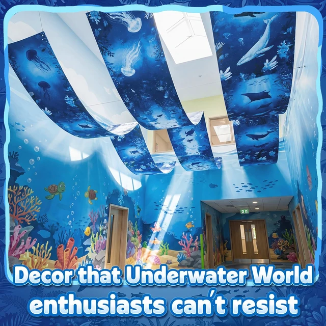Alt view image 5 of 6 - 3 Pcs Ocean World Ceiling Decorations, 2 x 12 Ft Underwater Theme Hanging Fabric, Sea Creature Party Supplies for Birthday Baby Shower Classroom Photo Backdrop & Event Decor