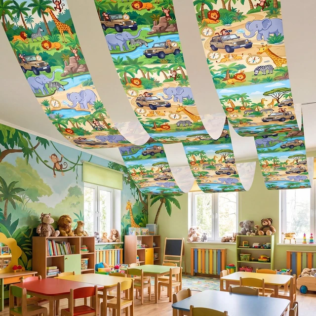 Main image of 3 Pack Jungle Safari Ceiling Decorations for Classroom, 24" x 12 ft Rainforest Animal Hanging Banners, Safari Theme Decor for Kids Birthday Party Sunday School Classroom Transformation