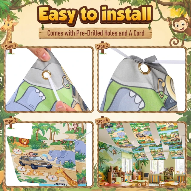 Alt view image 3 of 6 - 3 Pack Jungle Safari Ceiling Decorations for Classroom, 24" x 12 ft Rainforest Animal Hanging Banners, Safari Theme Decor for Kids Birthday Party Sunday School Classroom Transformation