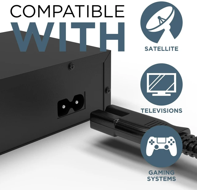 Alt view image 3 of 7 - Polarized 2-Prong Power Cord 8 FT - AC Power Supply Cable With Square/Round Plug for Satellite, CATV, Game Systems, & More - NEMA 1-15P to C7 C8 / IEC 320 - 8 Feet (2.4 Meters), Black