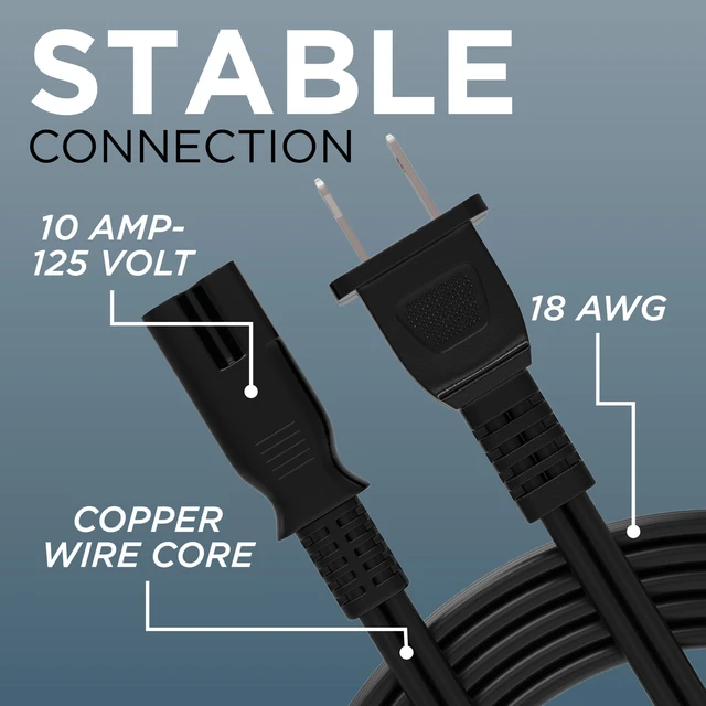 Alt view image 4 of 7 - Polarized 2-Prong Power Cord 8 FT - AC Power Supply Cable With Square/Round Plug for Satellite, CATV, Game Systems, & More - NEMA 1-15P to C7 C8 / IEC 320 - 8 Feet (2.4 Meters), Black