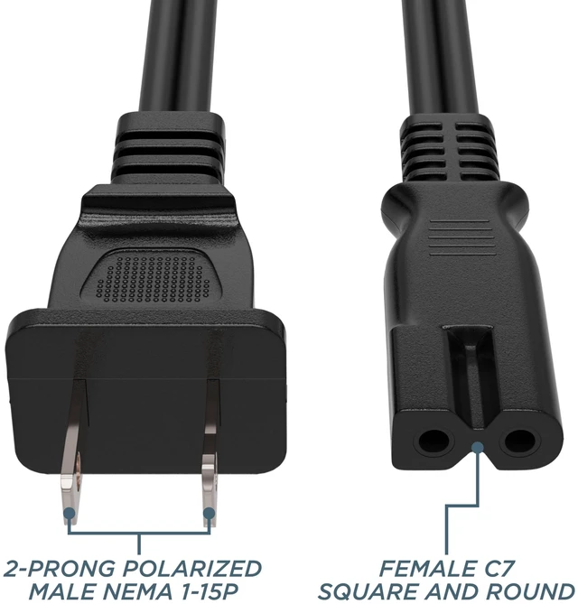 Alt view image 7 of 7 - Polarized 2-Prong Power Cord 8 FT - AC Power Supply Cable With Square/Round Plug for Satellite, CATV, Game Systems, & More - NEMA 1-15P to C7 C8 / IEC 320 - 8 Feet (2.4 Meters), Black