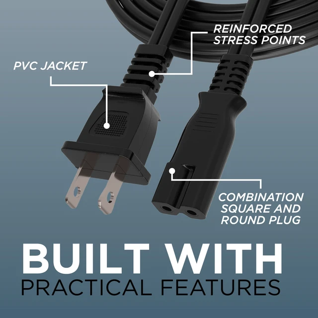 Alt view image 6 of 7 - Polarized 2-Prong Power Cord 8 FT - AC Power Supply Cable With Square/Round Plug for Satellite, CATV, Game Systems, & More - NEMA 1-15P to C7 C8 / IEC 320 - 8 Feet (2.4 Meters), Black