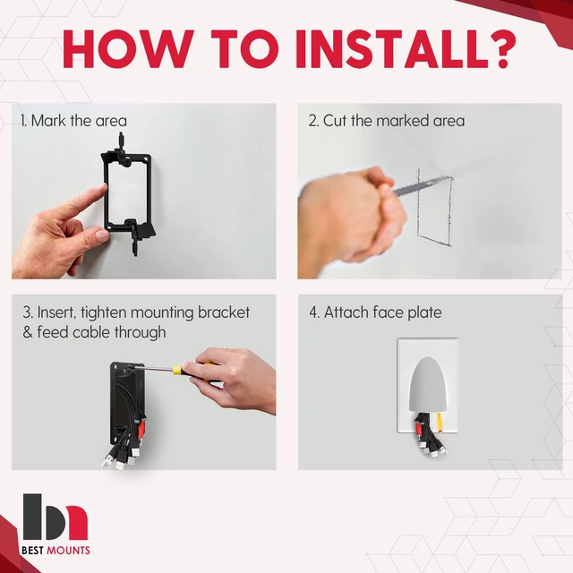 Alt view image 6 of 6 - 4 Pack Wall Plate Cable Pass Through with Bracket - Screwless In Wall Cable Management Kit - Snap ON Wall Plate with Single Gang Low Voltage Mounting Bracket - Decorator Cover for Low Voltage Cables