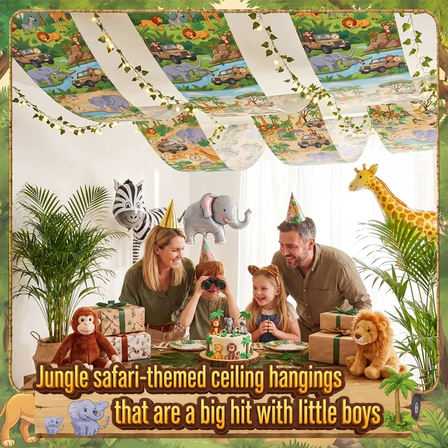 Alt view image 4 of 6 - 3 Pack Jungle Safari Ceiling Decorations for Classroom, 24" x 12 ft Rainforest Animal Hanging Banners, Safari Theme Decor for Kids Birthday Party Sunday School Classroom Transformation