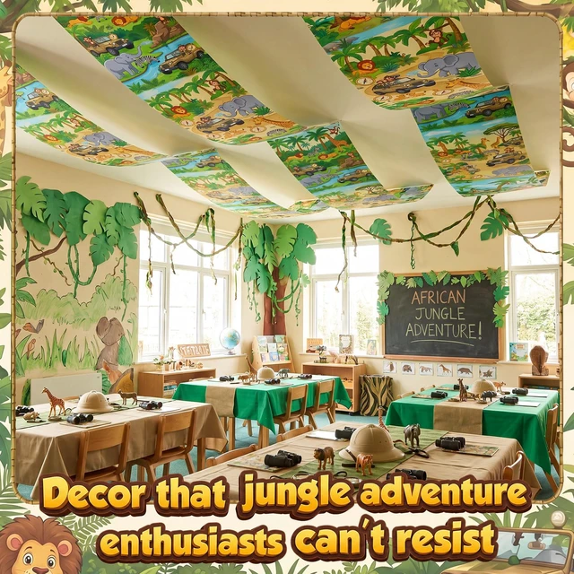 Alt view image 5 of 6 - 3 Pack Jungle Safari Ceiling Decorations for Classroom, 24" x 12 ft Rainforest Animal Hanging Banners, Safari Theme Decor for Kids Birthday Party Sunday School Classroom Transformation