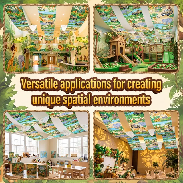 Alt view image 6 of 6 - 3 Pack Jungle Safari Ceiling Decorations for Classroom, 24" x 12 ft Rainforest Animal Hanging Banners, Safari Theme Decor for Kids Birthday Party Sunday School Classroom Transformation