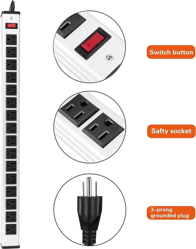 Alt view image 4 of 7 - Long Heavy Duty Metal Socket 16 Outlets Power Strip,10Ft Long Extension Cord with Circuit Breaker. Mounting Brackets Included,Workshop/Industrial use, ETL Certified