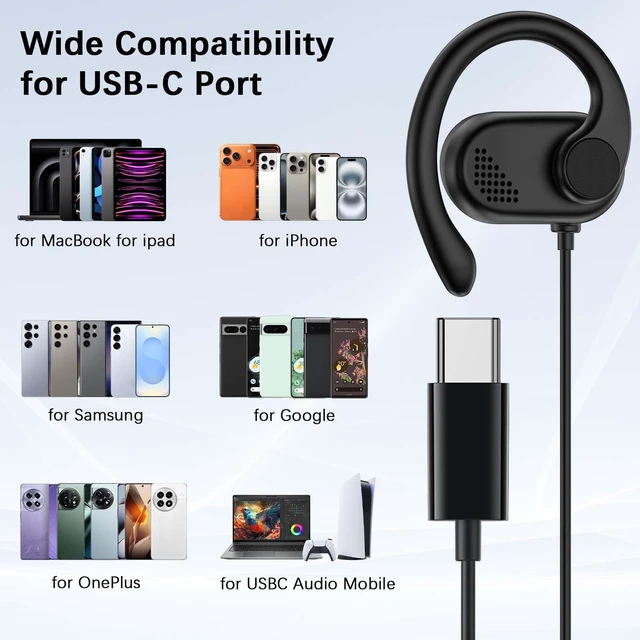 Alt view image 7 of 7 - Open Ear USB C Headphones for Samsung S26 Ultra S25 FE S23 A17 Over Earbuds Type C Earphones Wired Ear Buds Adjustable Ear Hooks for iPhone 18 Pro Max 17 17e 16e 16 Plus 15,USB-C Headset for iPad A16