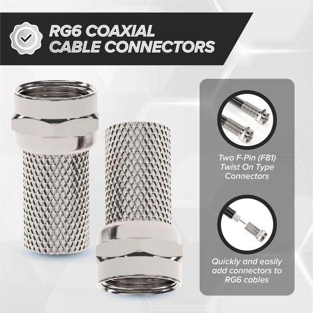 Alt view image 2 of 7 - RG6 Screw-On Connectors - Twist-On F-Type Connectors for Coaxial Cable - Indoor/Outdoor Coax Fittings with No Tools Required - 25 PCS