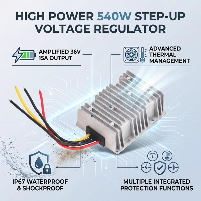 Alt view image 6 of 7 - DC 12V 24V to 36V Boost Converter 540W 15A Step Up Voltage Regulator IP67 for Car Audio and Power Supply
