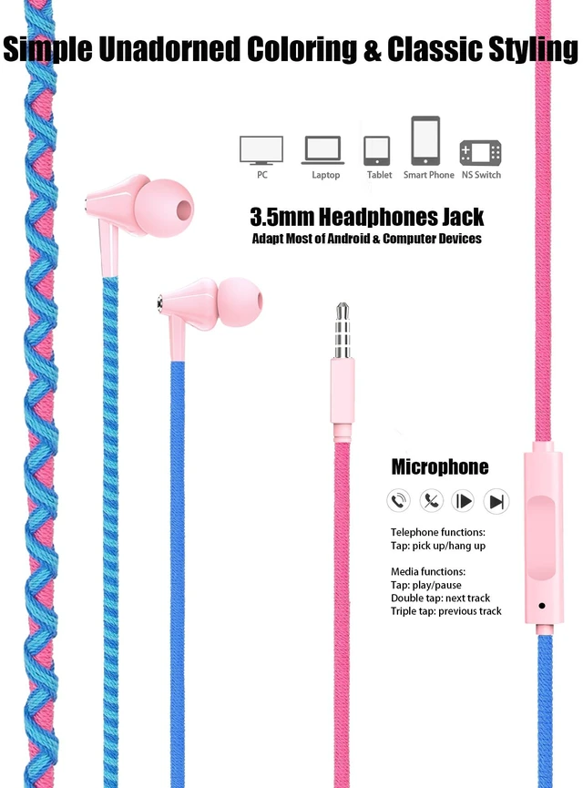 Alt view image 4 of 6 - Teens Wired Earbuds with Braided Cord & Art Case, Pink Blue Wired School Earbuds with Pink Braided Tangle-free Cord for Pad, Marble Hard case, eartips & Carabiner