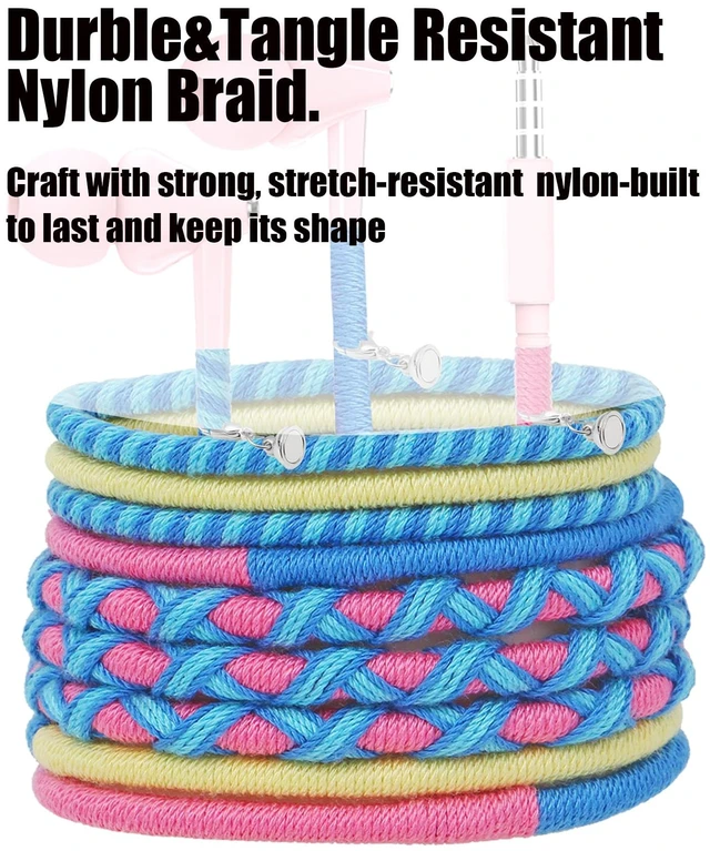 Alt view image 5 of 6 - Teens Wired Earbuds with Braided Cord & Art Case, Pink Blue Wired School Earbuds with Pink Braided Tangle-free Cord for Pad, Marble Hard case, eartips & Carabiner