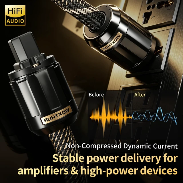 Alt view image 2 of 7 - Audiophile Power Cable,5N OFC Nylon Braided HiFi Power Cord 24K 5m Gold Plugs,Anti-Interference,Ultra-Stiff Braided,HiFi Power Cables for Amp DAC Studio Monitor(4.92 ft/59.06 in)