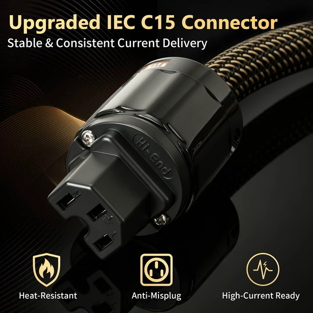 Alt view image 5 of 7 - Audiophile Power Cable,5N OFC Nylon Braided HiFi Power Cord 24K 5m Gold Plugs,Anti-Interference,Ultra-Stiff Braided,HiFi Power Cables for Amp DAC Studio Monitor(4.92 ft/59.06 in)