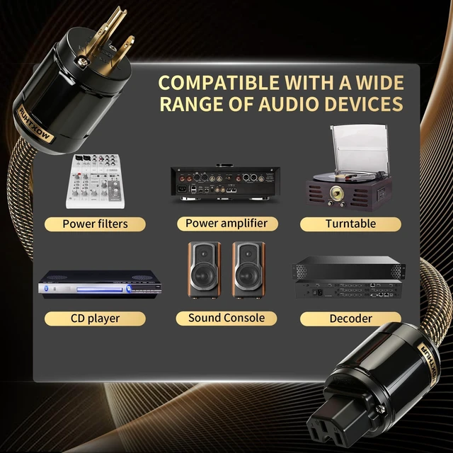 Alt view image 7 of 7 - Audiophile Power Cable,5N OFC Nylon Braided HiFi Power Cord 24K 5m Gold Plugs,Anti-Interference,Ultra-Stiff Braided,HiFi Power Cables for Amp DAC Studio Monitor(4.92 ft/59.06 in)