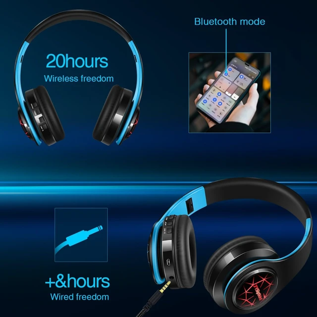 Alt view image 6 of 7 - Bluetooth Headphones, Chat- Comfortable Over Ear Stereo Headphones,7 Breathing Led Lights up, Wireless Headset for Adult Teen Kid for Phone/Samsung/Pad/PC/Android/Laptop/TV (Blue)