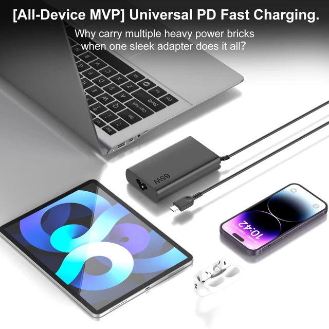 Alt view image 6 of 7 - Slim 65W Lenovo Laptop Charger & Universal Type C Fast Power Adapter 8ft reach! Slim plug won't block outlets. Smart IC safely fast charges 65W/45W/15W laptops, Chromebooks & phones